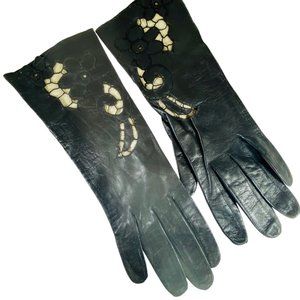 Beautiful Vintage Black Leather cut out lace pattern gloves